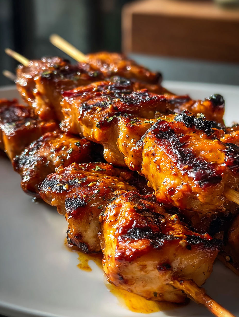 Brochettes de poulet au chipotle et miel sur assiette blanche.