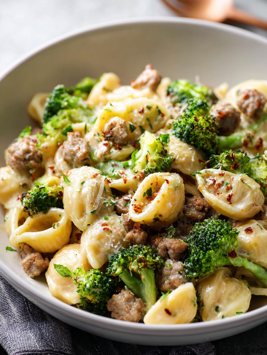 Un bol de pâtes avec saucisse et brocoli.