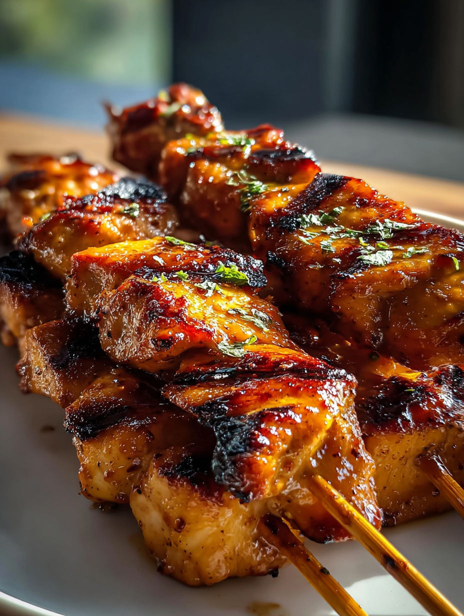 Brochettes de poulet au chipotle et miel sur une assiette.