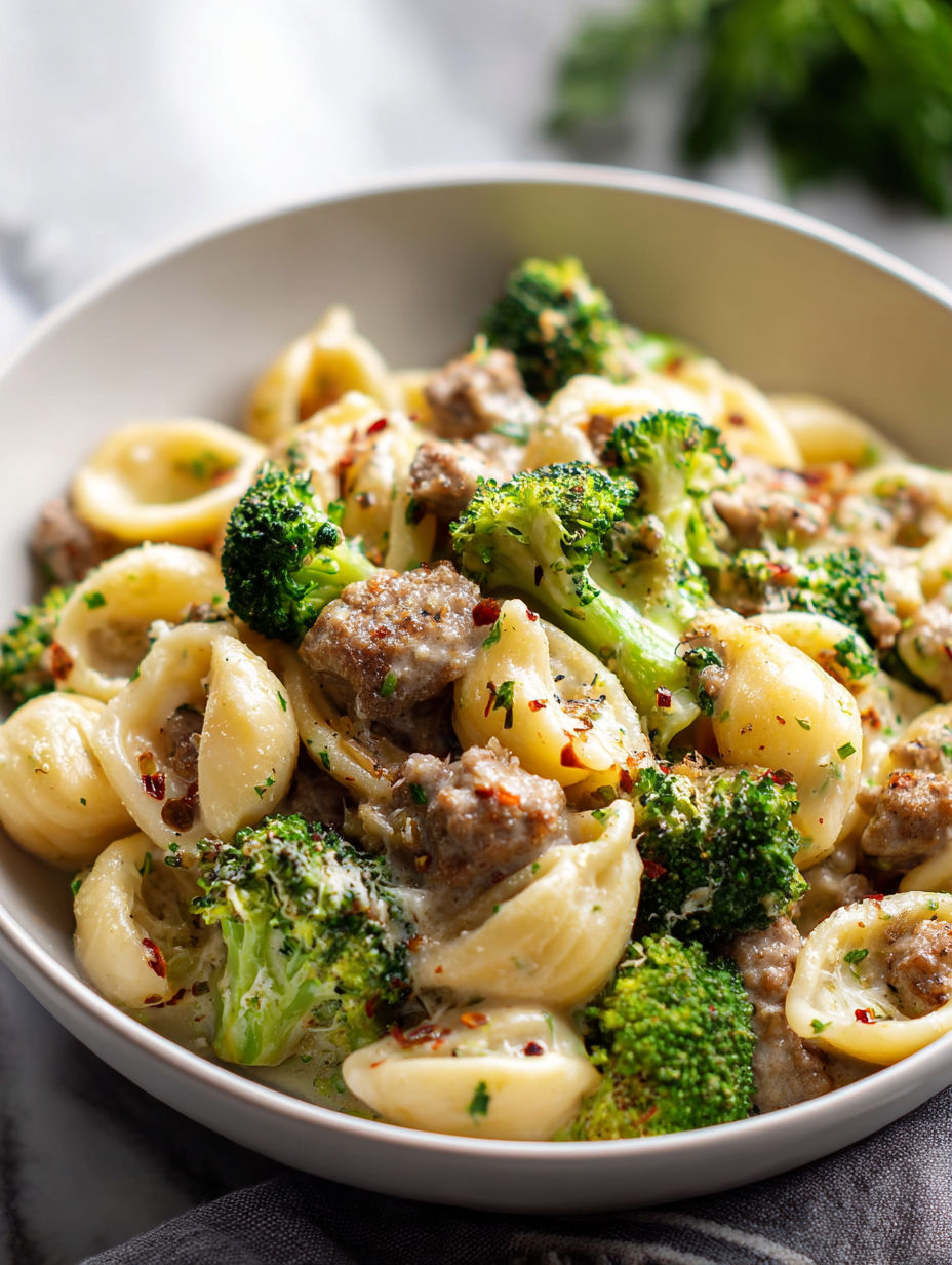 Un bol de pâtes avec saucisse et brocoli.