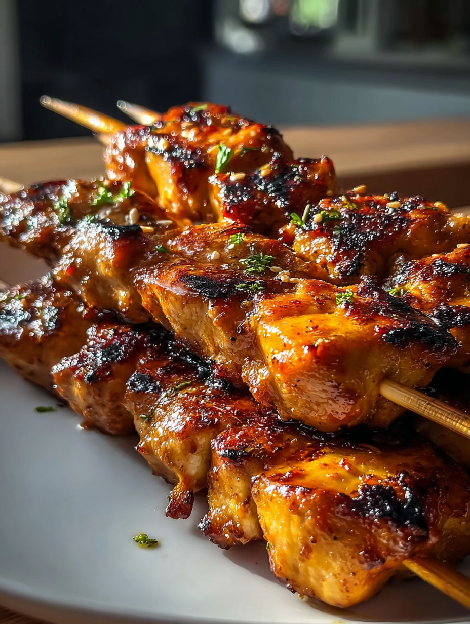Brochettes de poulet chipotle miel sur une assiette.