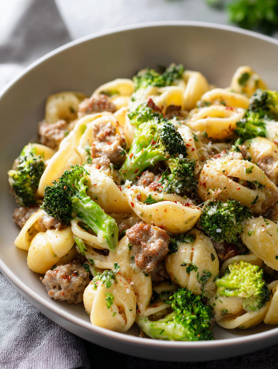 Une assiette de pâtes avec saucisse et brocoli.