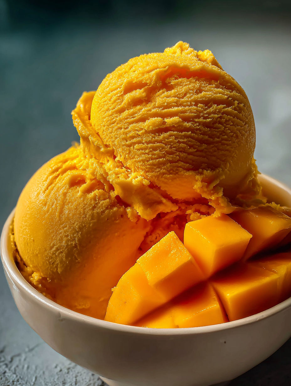 Un bol de sorbet à la mangue.