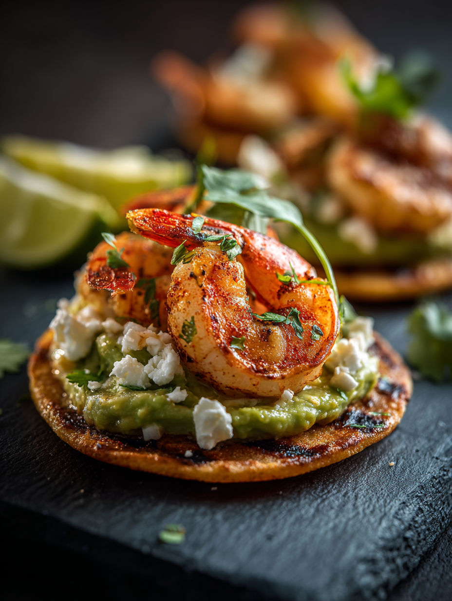 Tostadas crevettes grillées avec purée d’avocat onctueuse.
