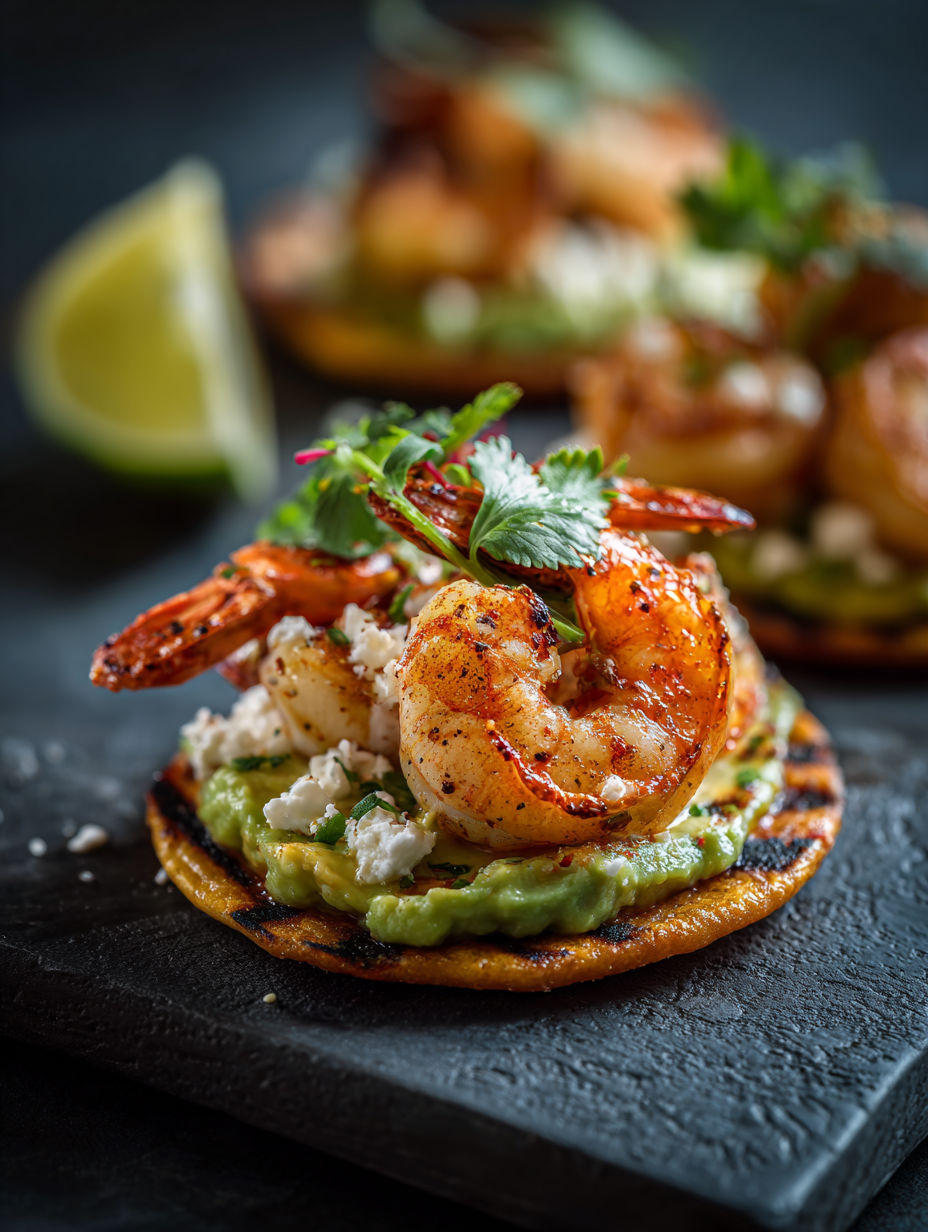 Tostadas aux crevettes grillées avec purée d’avocat onctueuse.