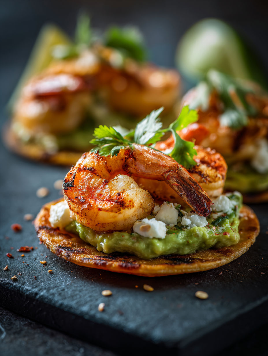 Tostadas aux crevettes grillées avec purée d’avocat onctueuse.