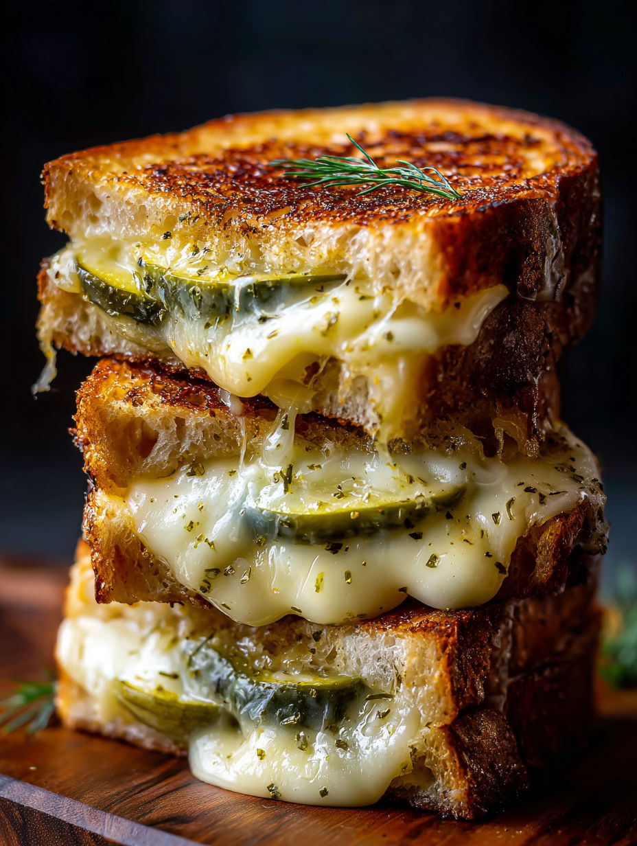 Une pile de grilled cheese avec des cornichons dessus.