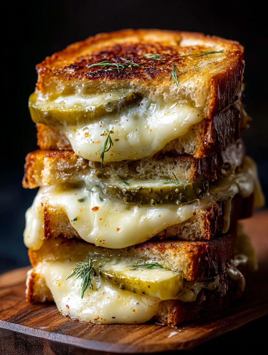 Une pile de sandwiches au grilled cheese avec des cornichons à l’aneth sur le dessus.