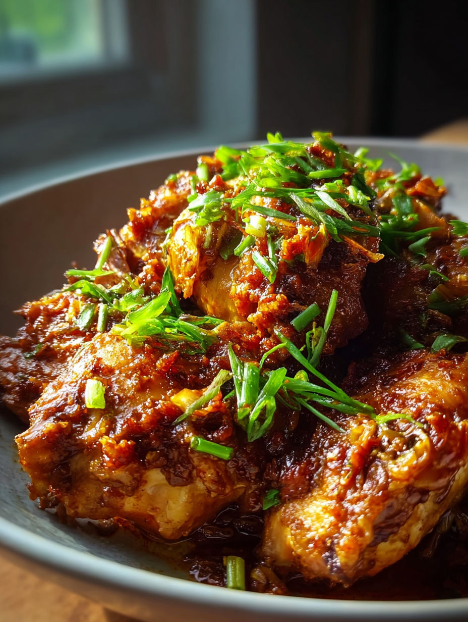 Une assiette de poulet à l’ail et cassonade cuit doucement.
