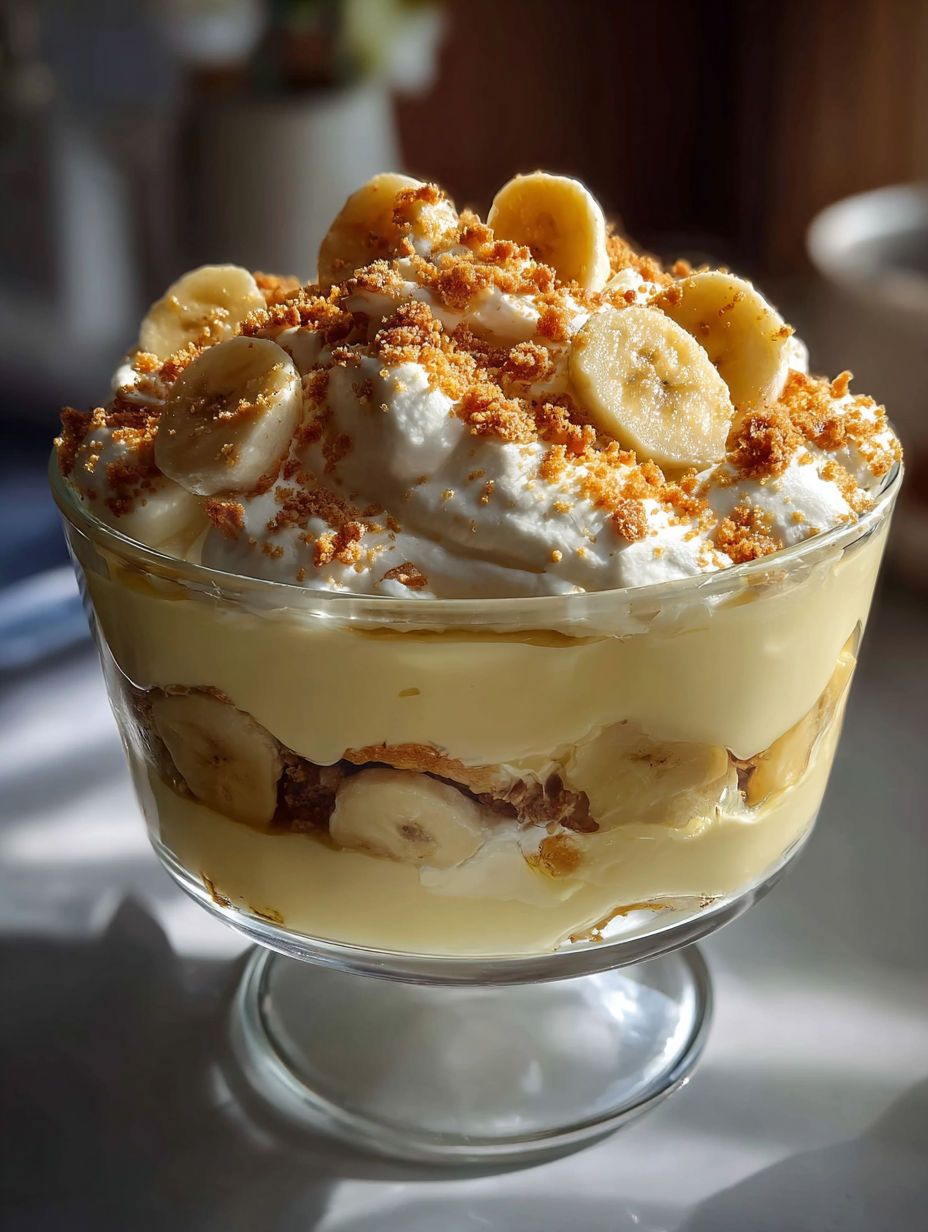 Un dessert de pudding à la banane avec bananes et chantilly.