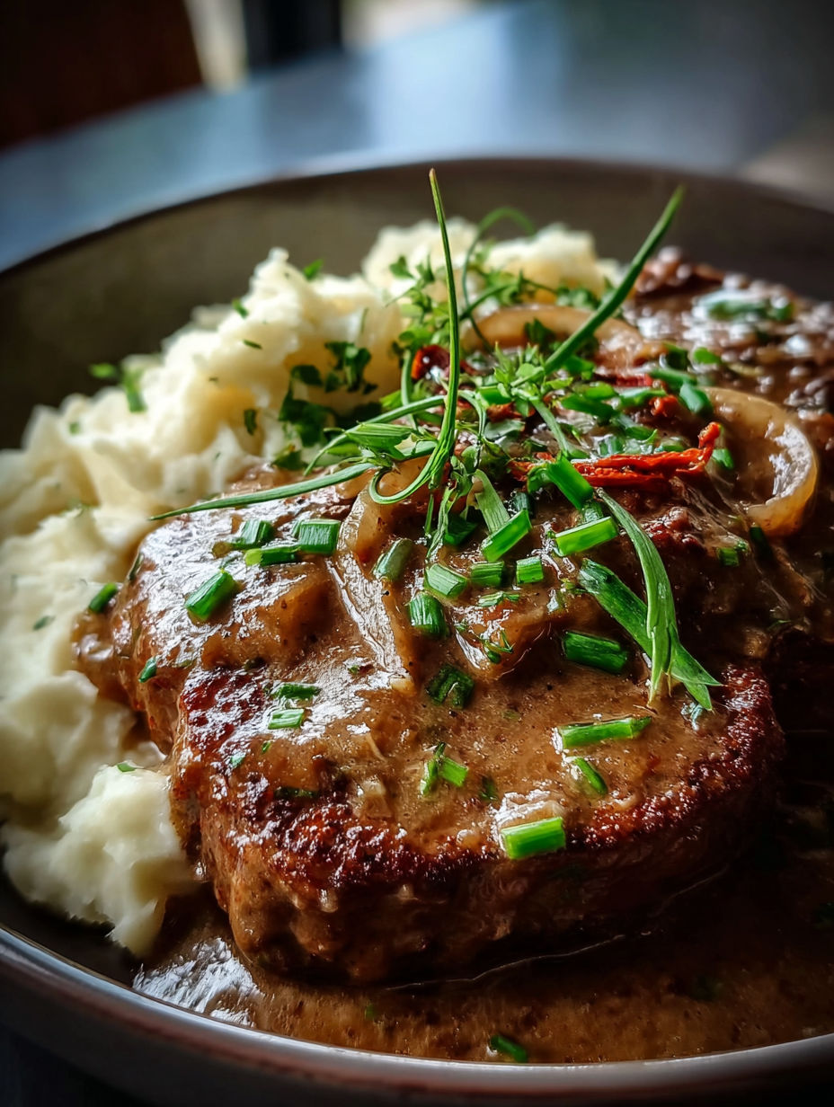 Gros plan sur un steak en cube délicieux cuit au crock pot avec crème de céleri.