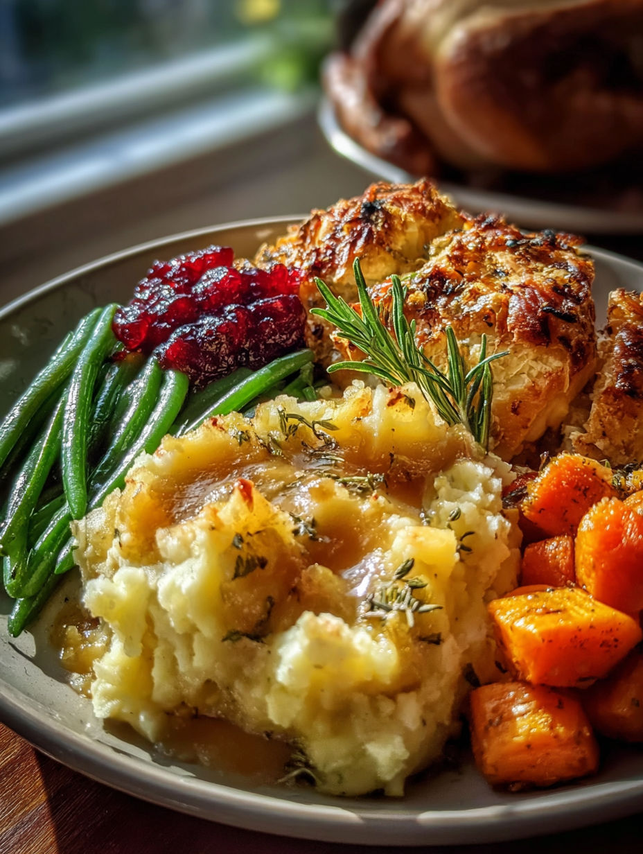 Une assiette avec du dindon farci et des haricots verts.