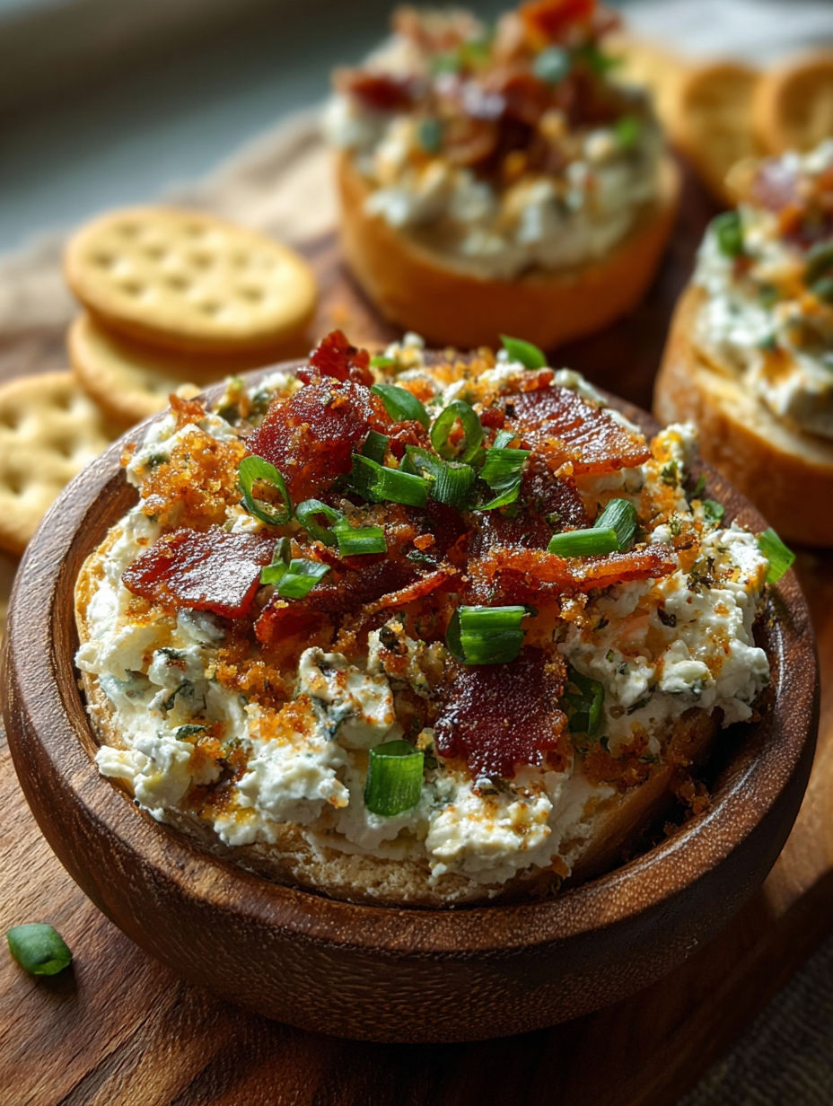 Un apéritif au fromage frais avec bacon et ciboule.