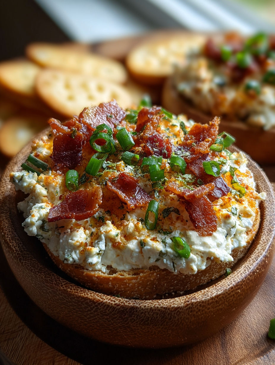 Un apéritif au fromage frais avec bacon et ciboule.
