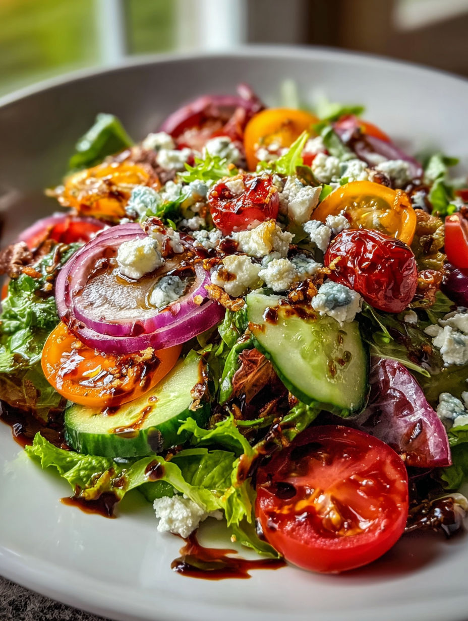 Une salade avec des tomates, du concombre, des oignons et du fromage bleu.