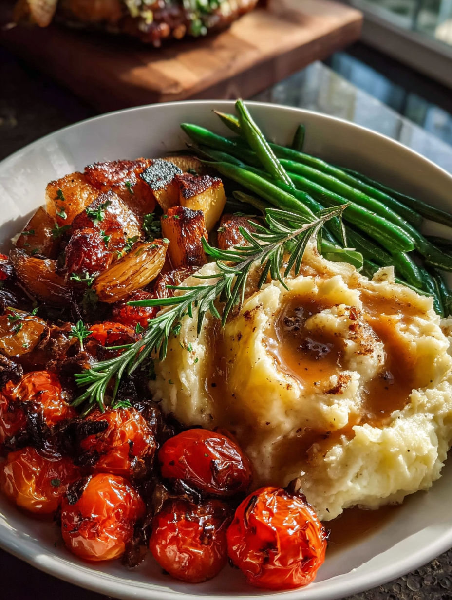 Une assiette avec des haricots verts rôtis et des tomates.