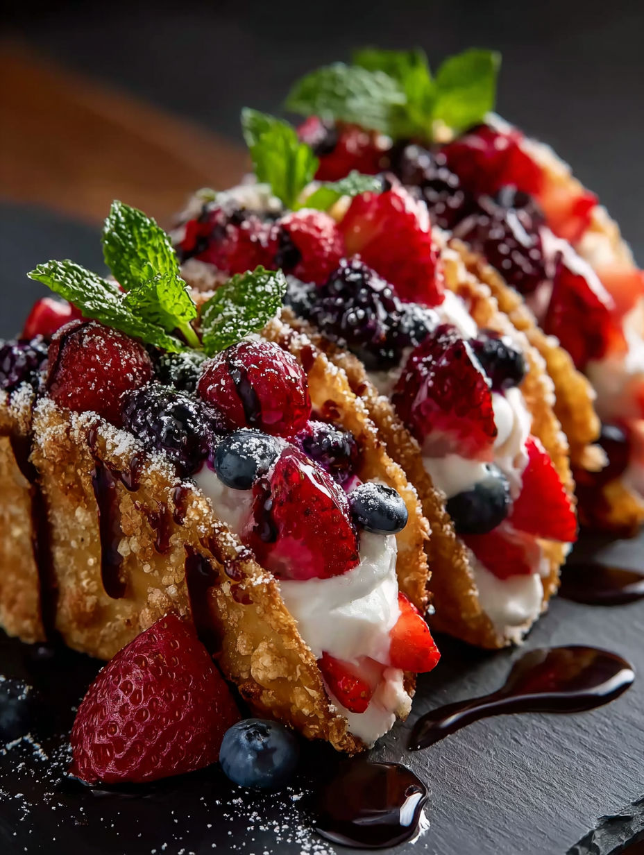 Un dessert avec des fruits rouges et de la crème fouettée.