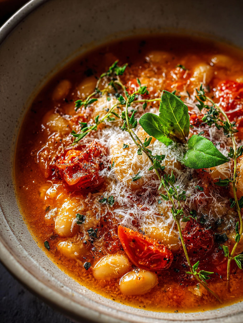 Un bol de soupe avec tomates, haricots et fromage Parmesan.