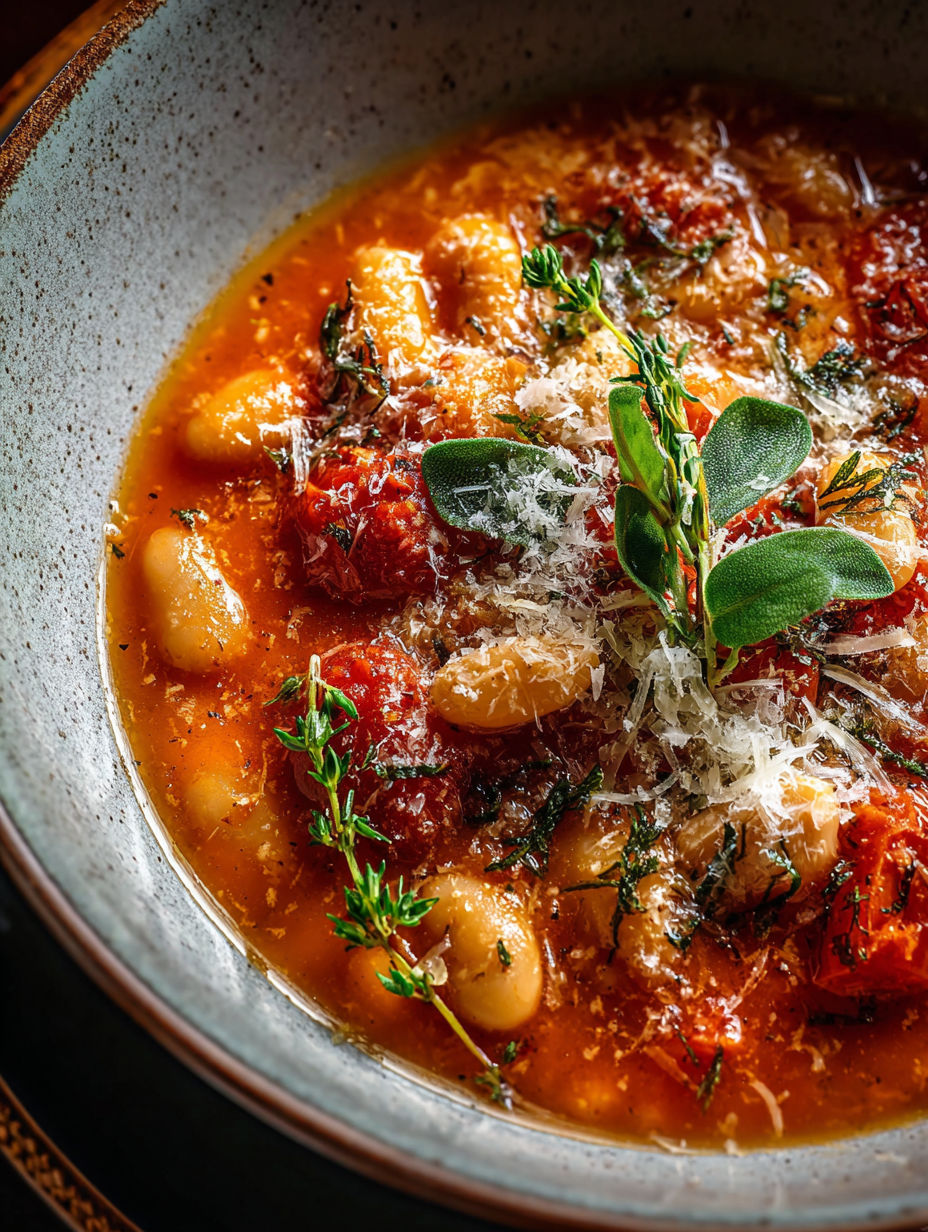 Un bol de soupe avec Parmesan, tomates, haricots et herbes.