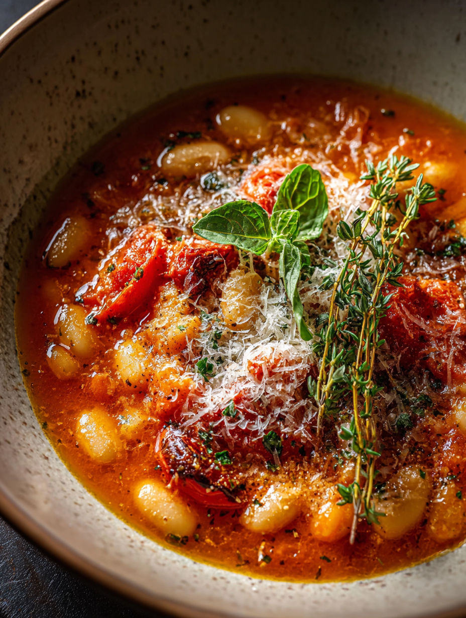 Un bol de soupe avec tomates, haricots et Parmesan.