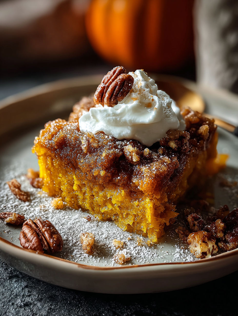 Une part de gâteau à la citrouille avec de la crème fouettée sur le dessus.