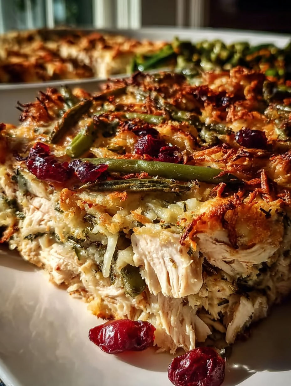 Un gratin avec haricots verts, poivrons, et poulet.
