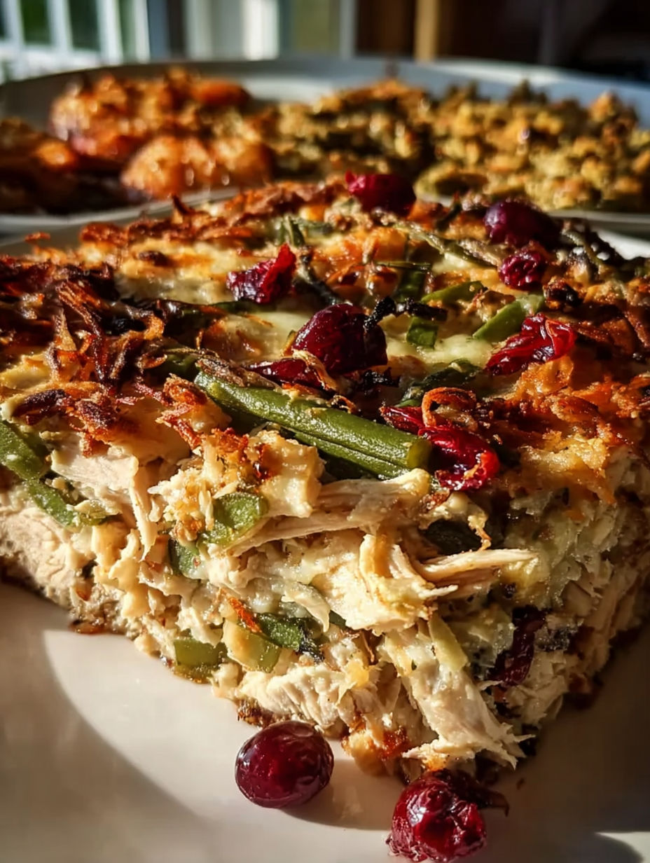 Un gratin avec haricots verts et poivrons rouges.