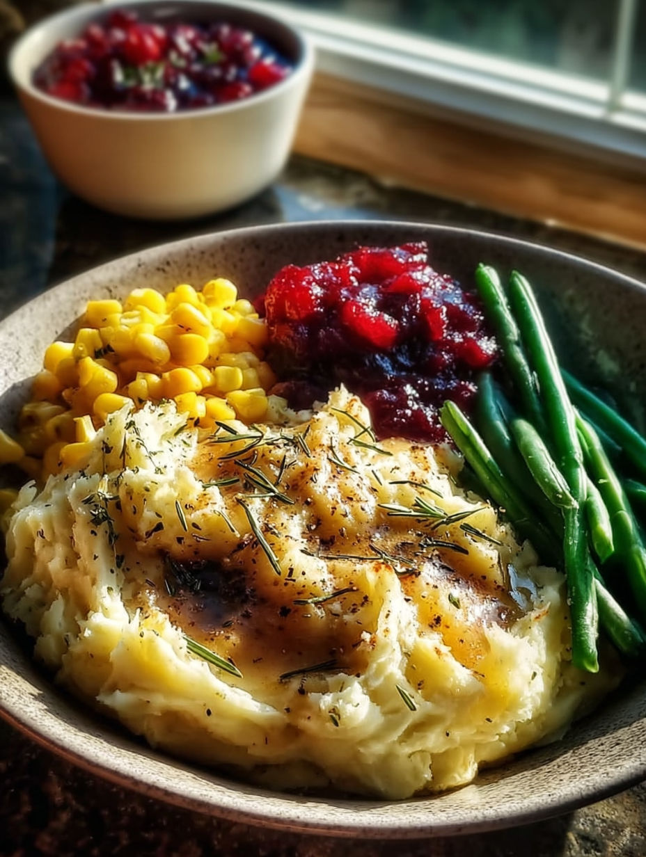 Un bol de purée de pommes de terre avec des herbes dessus.