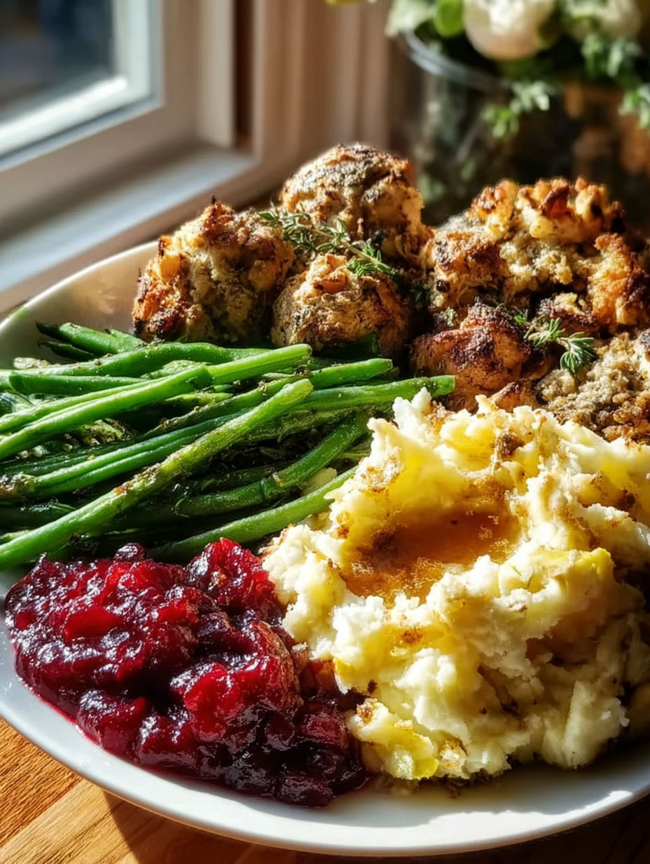 Une assiette avec haricots verts, purée et sauce aux canneberges.