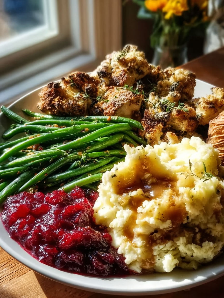Une assiette avec haricots verts, purée de pommes de terre et compote de canneberges.