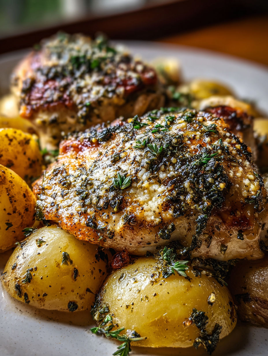 Assiette de poulet et pommes de terre parfumée à l'ail et parmesan.