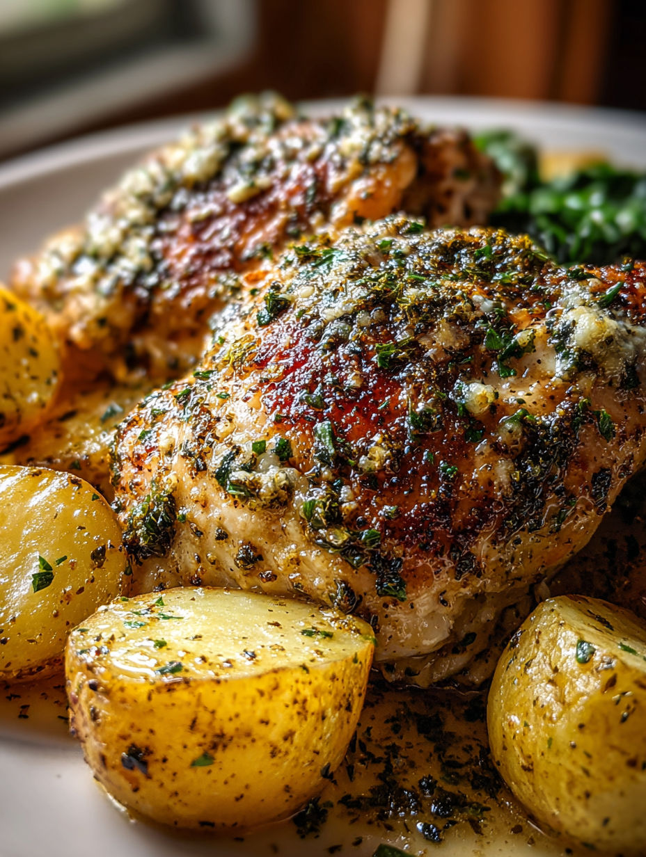 Assiette de poulet et pommes de terre avec ail et parmesan.