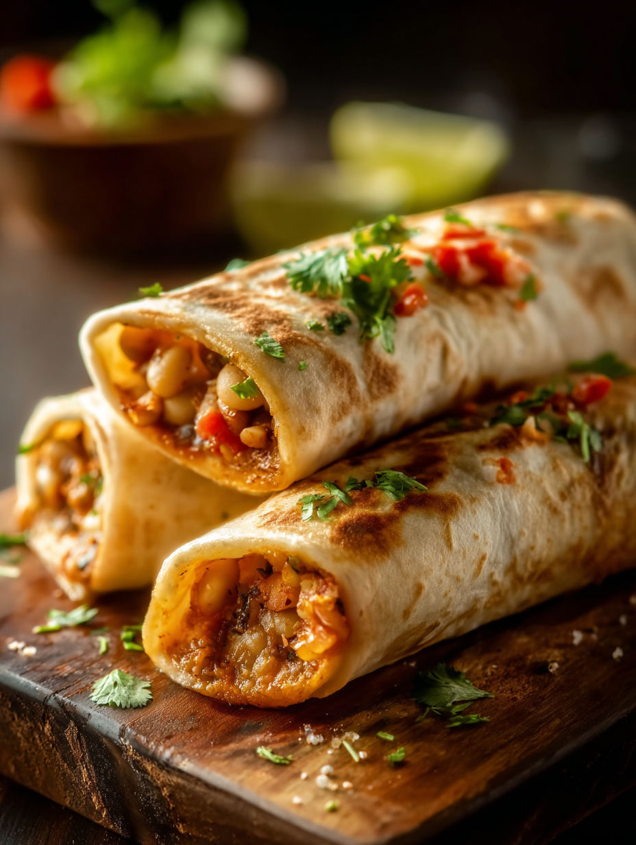 Deux burritos aux fèves sur une table en bois.