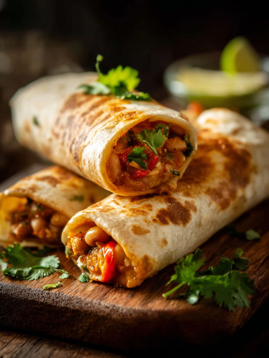 Deux burritos aux haricots sur une table en bois.