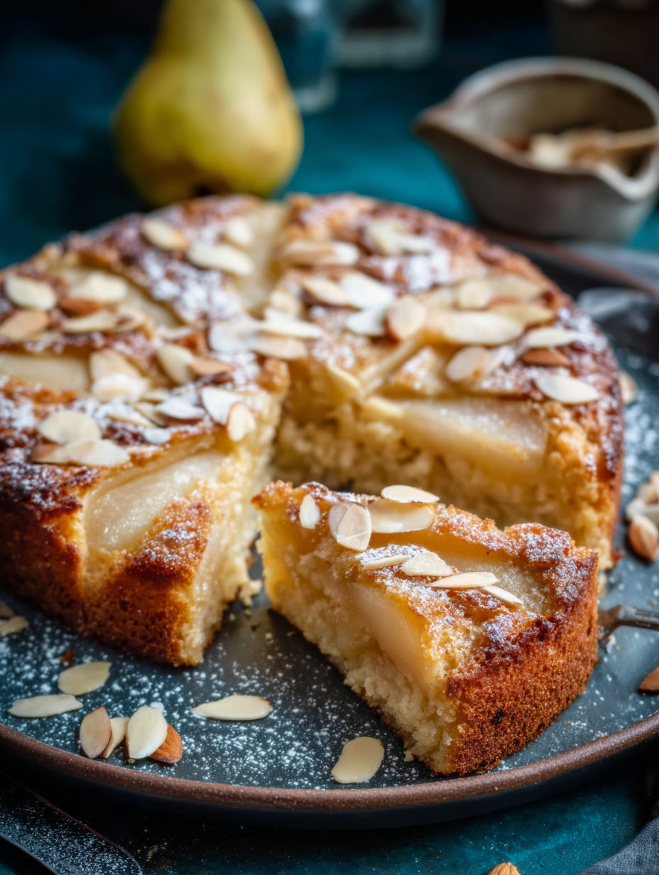 Une tranche de gâteau aux poires et amandes pour le petit déjeuner.
