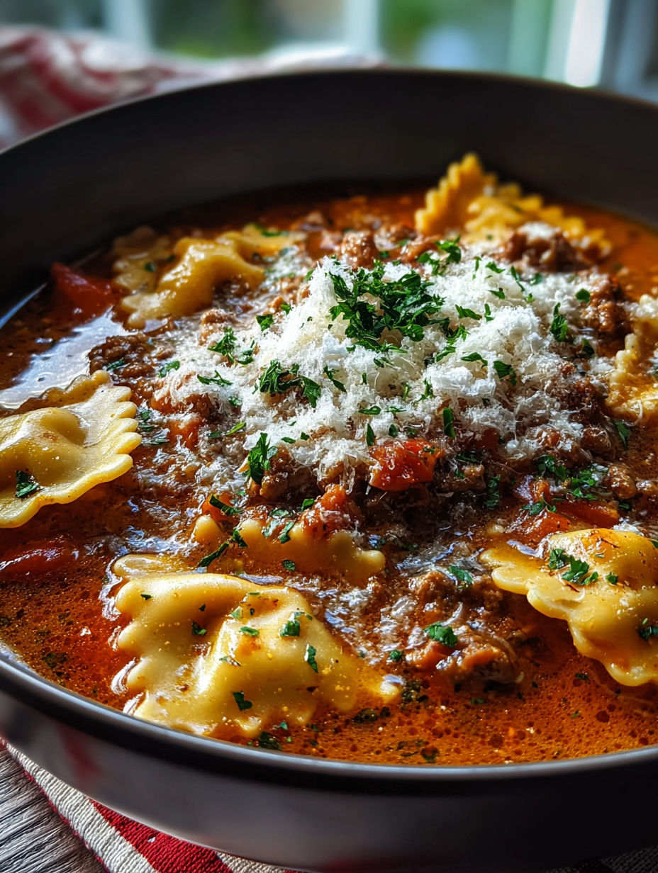 Un bol de soupe lasagne en mijoteuse.
