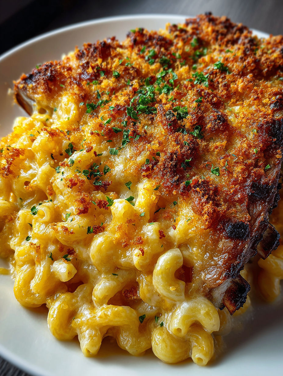 Gros plan d’une portion de mac and cheese avec côtes levées