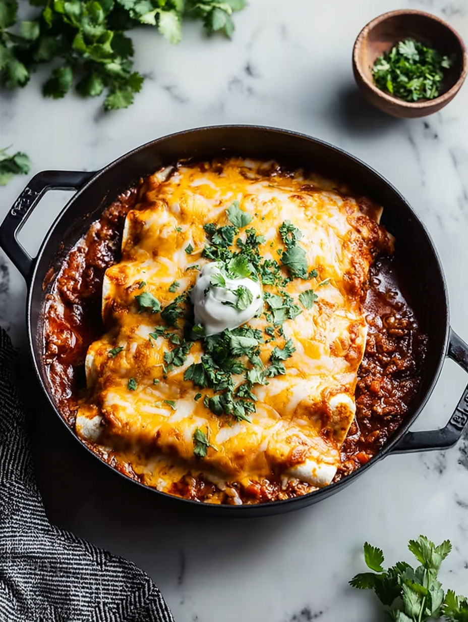 Un plat d’enchiladas au bœuf haché.