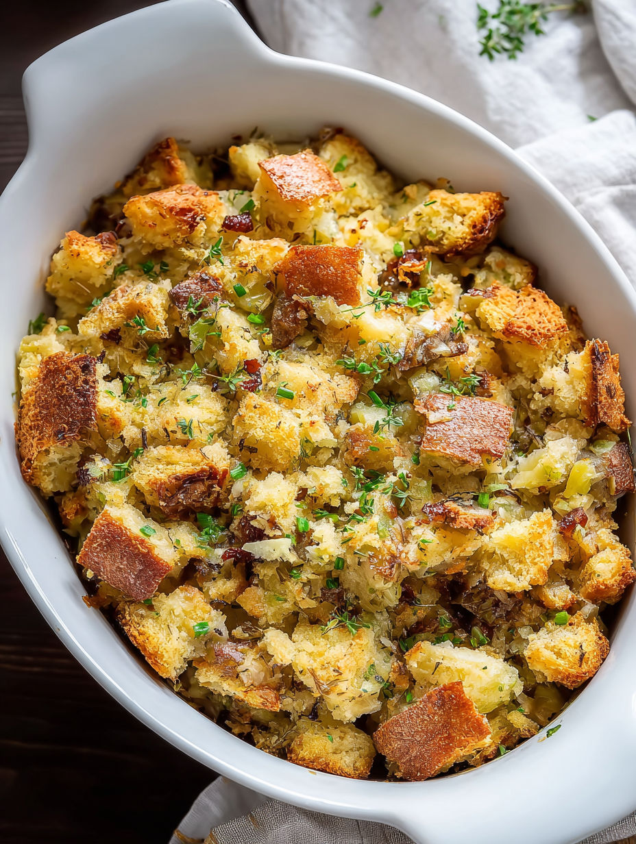 Un bol blanc rempli de farci aux pommes de terre Amish.