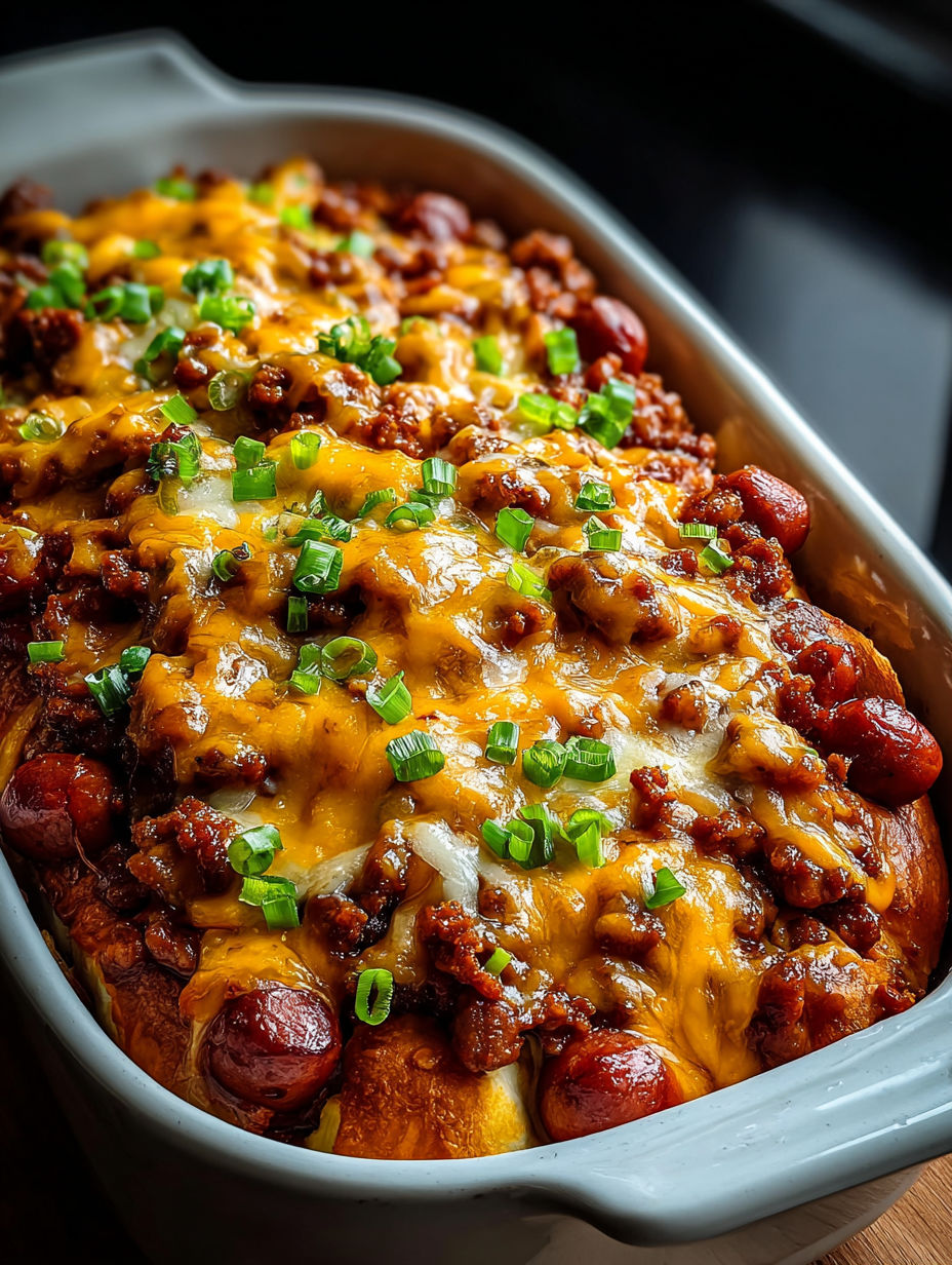 Un plat de gratin chili cheese dog.