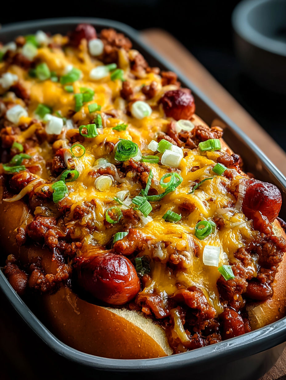 Gratin chili cheese dog avec oignons et poivrons.