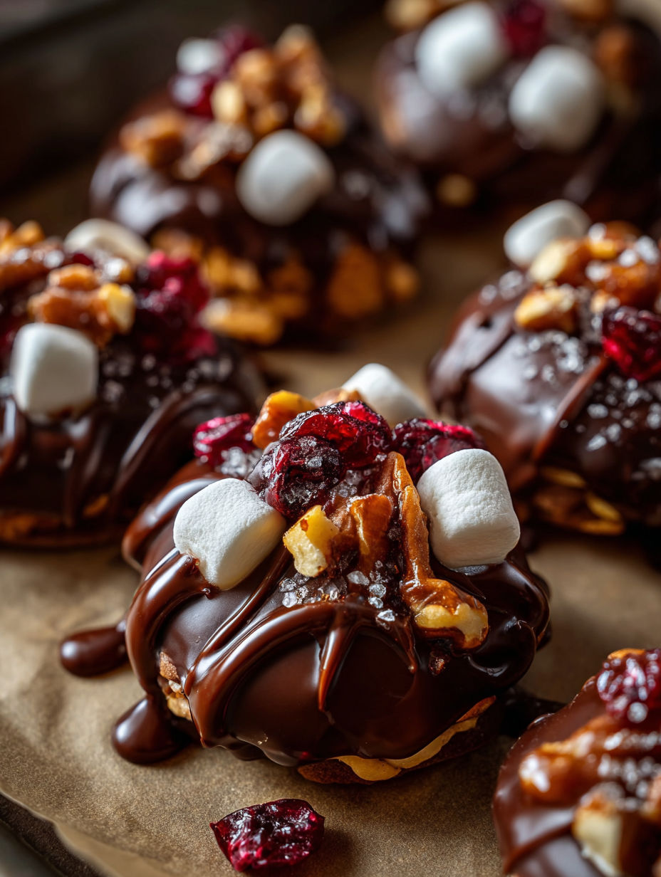 Dessert chocolaté avec guimauves et noix.