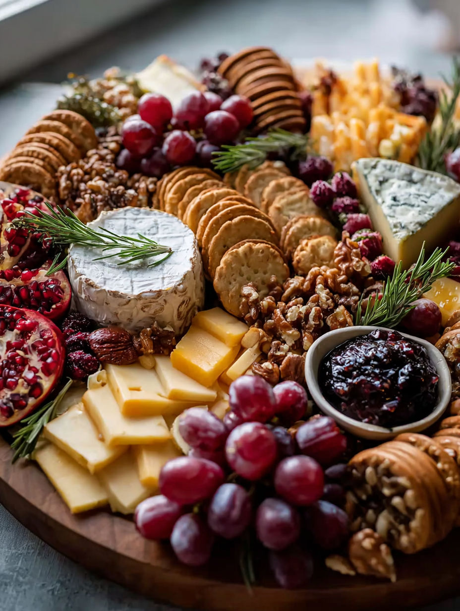 Une planche de fromages avec raisins et crackers.