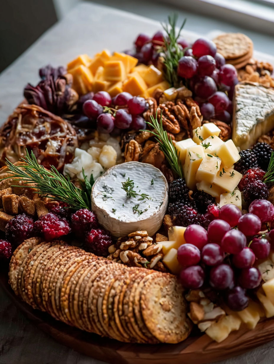 Une planche de fromages avec différents fromages et raisins.