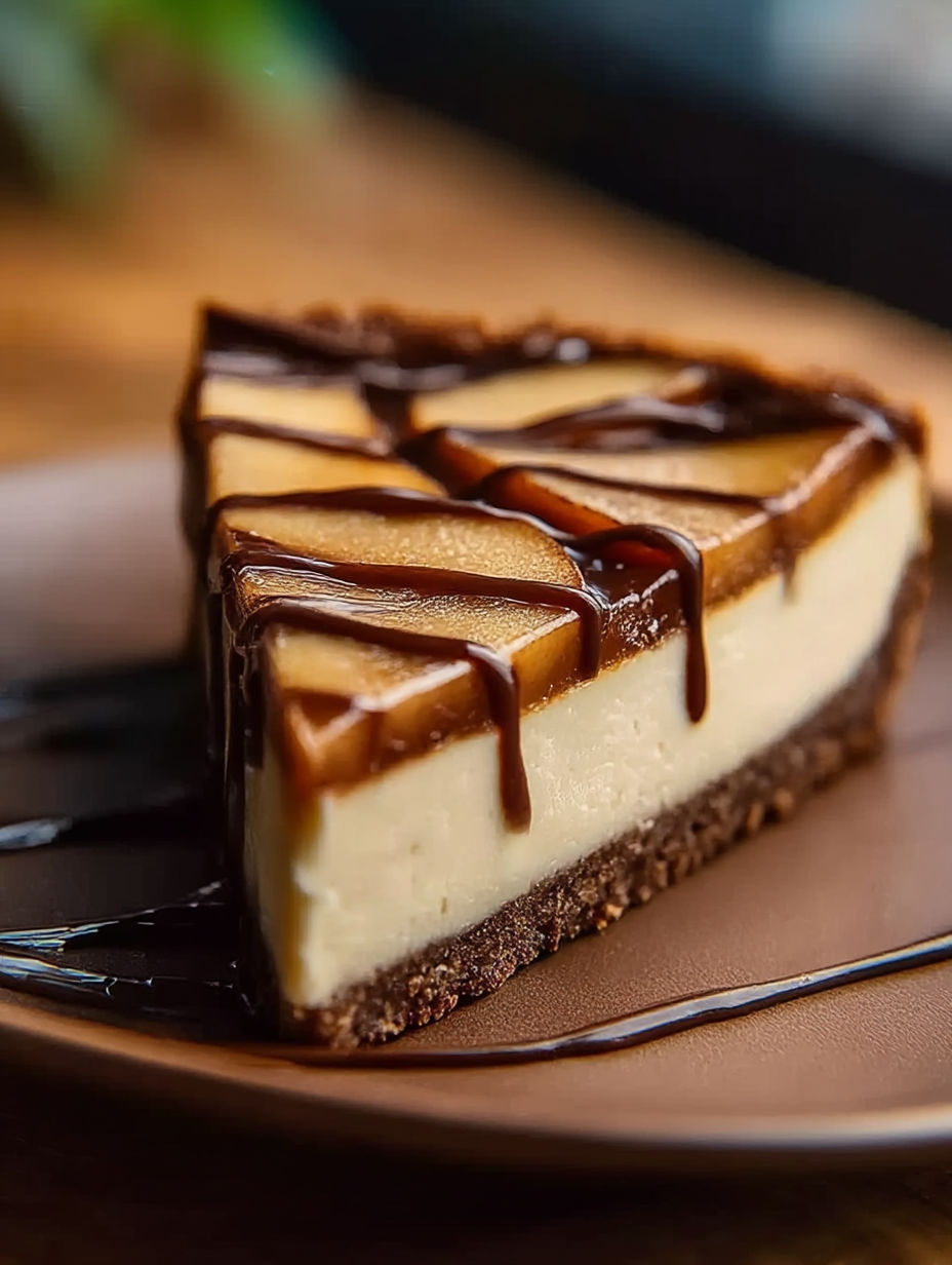 Une part de cheesecake au beurre de pomme avec un filet de chocolat.