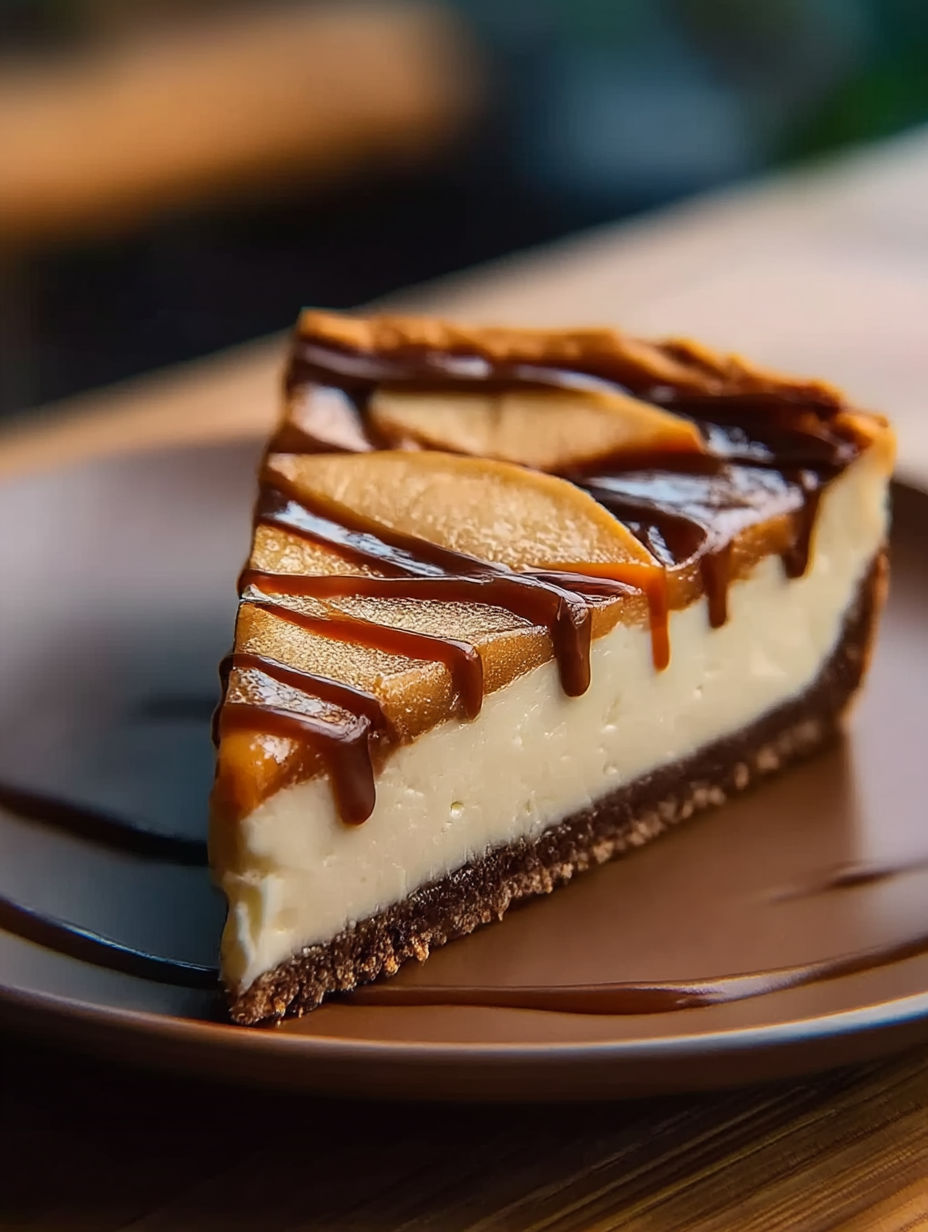 Une part de cheesecake nappée de caramel.