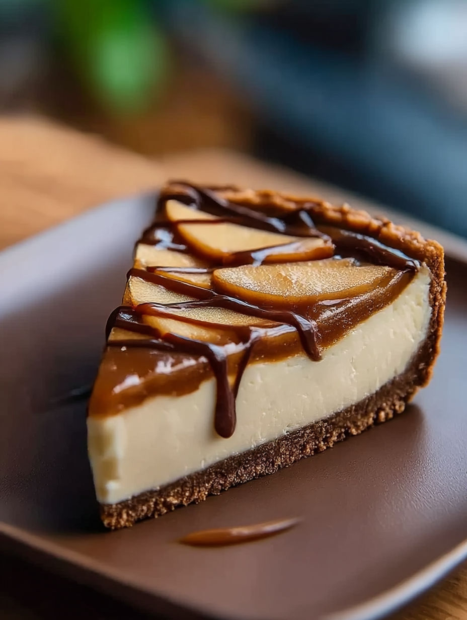 Une part de cheesecake nappée de caramel.