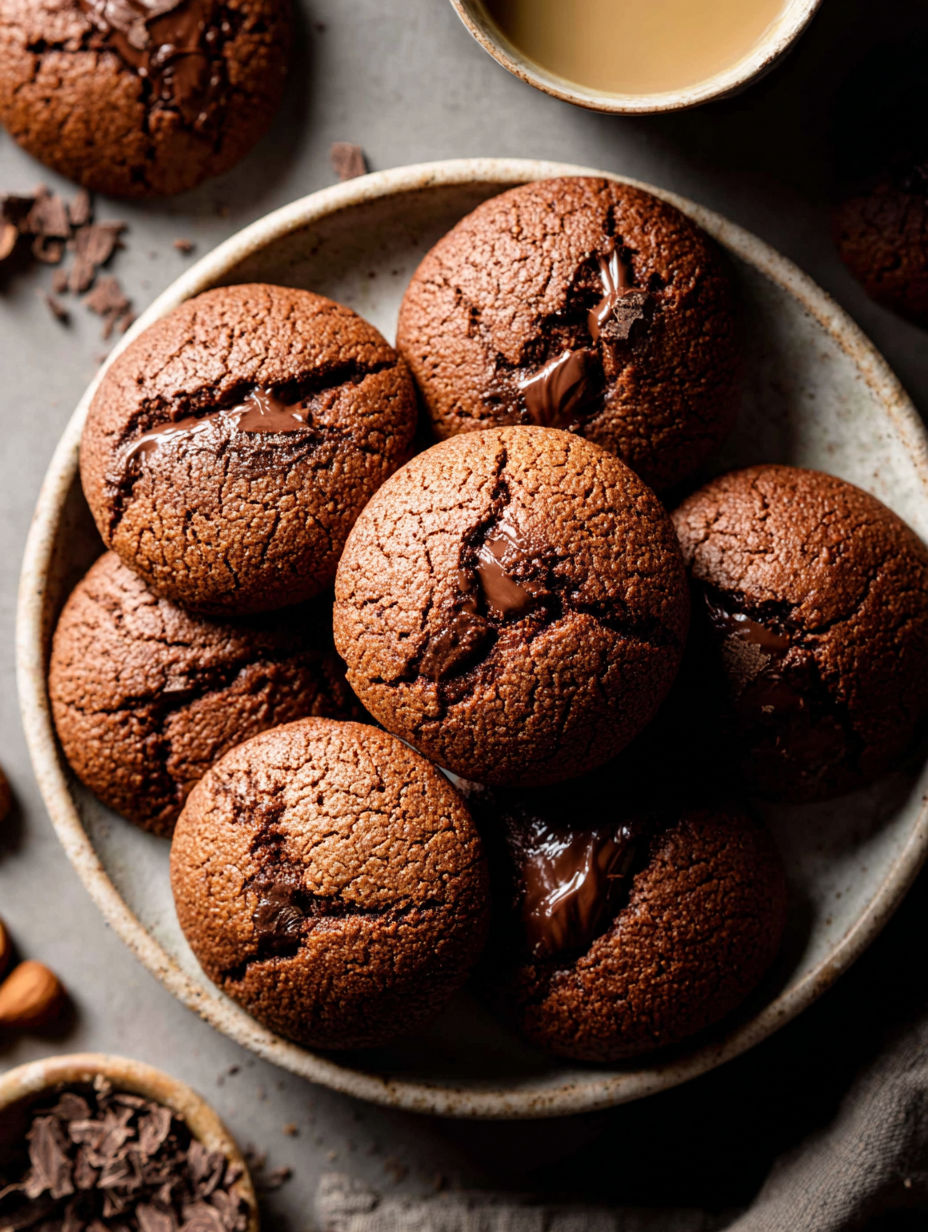Une assiette de biscuits au chocolat avec un filet de chocolat dessus.