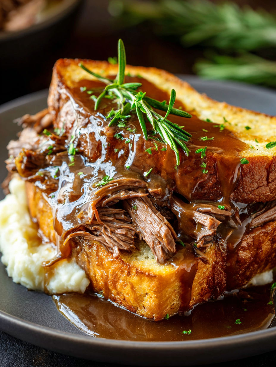 Gros plan sur un sandwich au bœuf Manhattan.