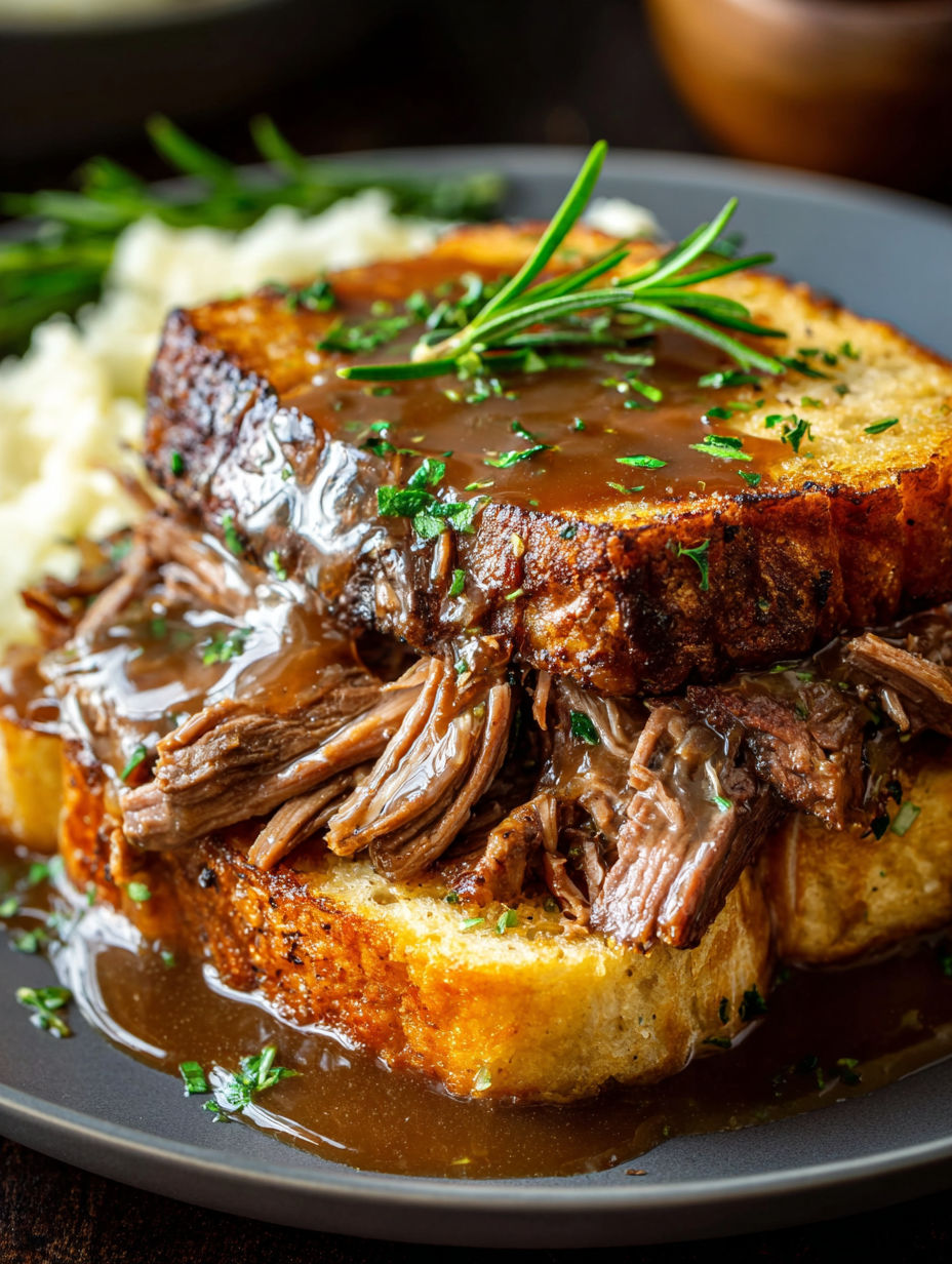 Gros plan sur un sandwich Manhattan au bœuf.